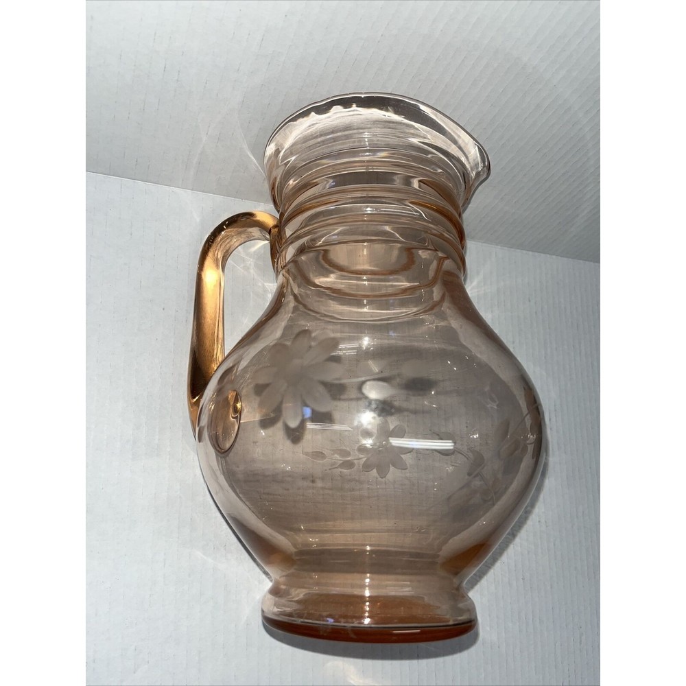 Vintage Pink Depression Glass Rings Pitcher Etched Floral Pattern